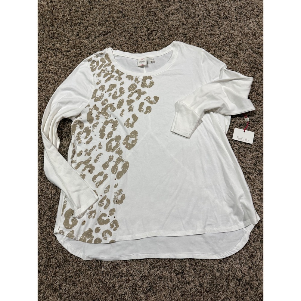 Rafaella Sport Womens White Leopard Print Studded Long Sleeve Top Size PL NWT